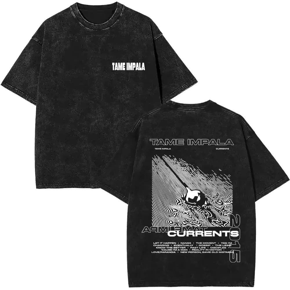 تي شيرتات 2025 Washed Vintage Tame Impala Graphic Print Tshirts ملابس رجالية تي شيرت Pop Rock Band للرجال والنساء تي شيرت عصري ريترو