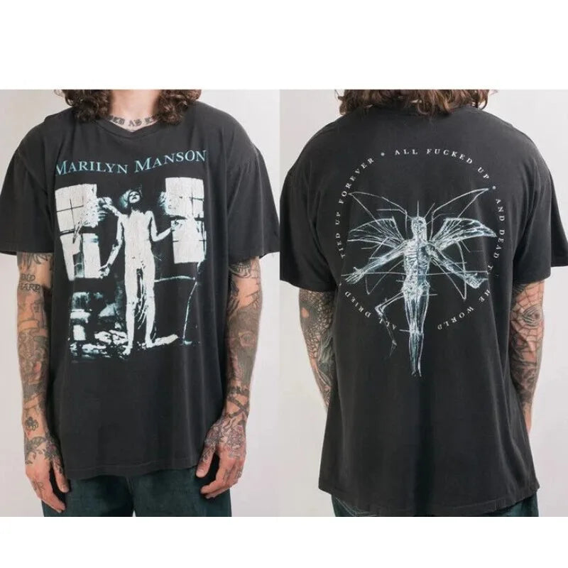 تيشيرت مارلين مانسون "أنتيكرايست سوبرستار" من القطن الخالص 100%، إصدار 1996، بأكمام مطبوعة، للجنسين (رجال ونساء)، مناسب لفصل الصيف 2025، بياقة دائرية.
