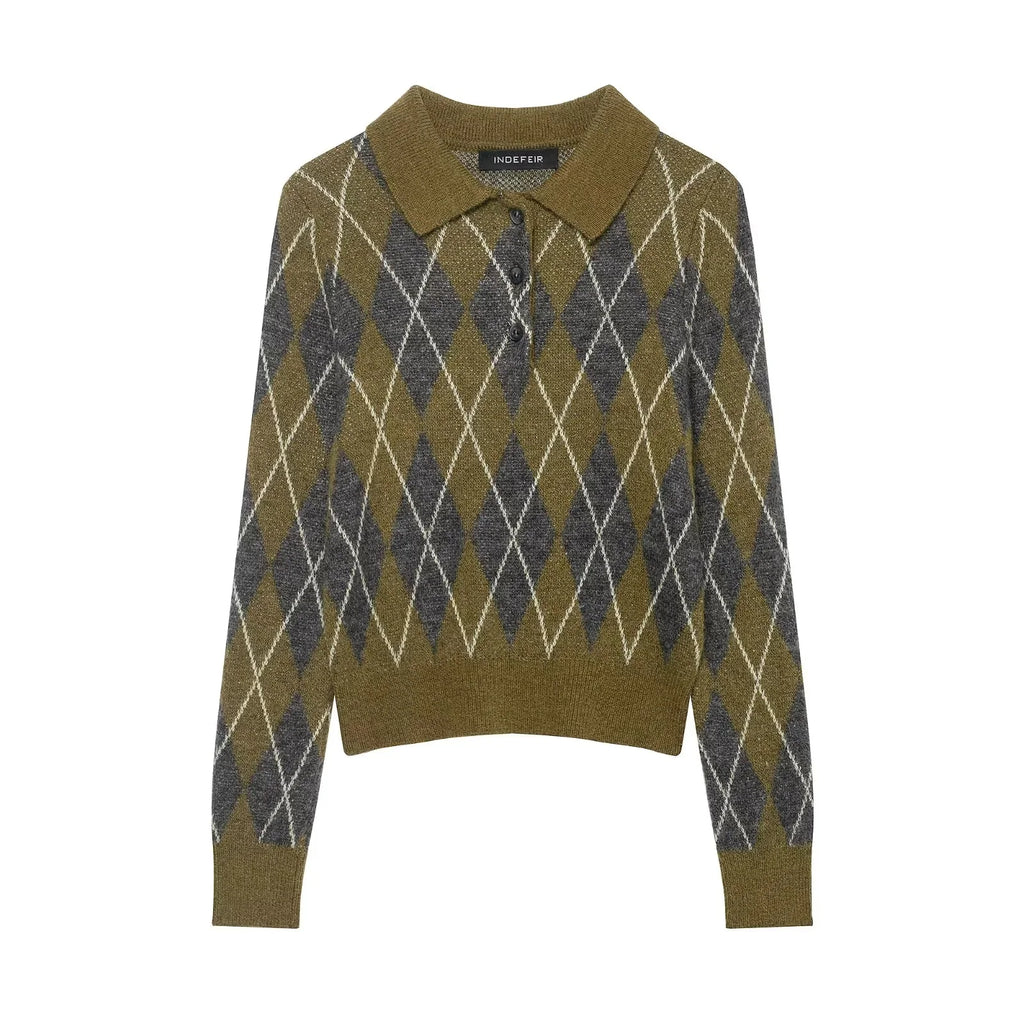 KONDALA 2025 Fall Winter Argyle Streetwear Knitted Women POLO Shirts Fashion Vintage Pullover Turndown Collar Ladies POLO Shirts