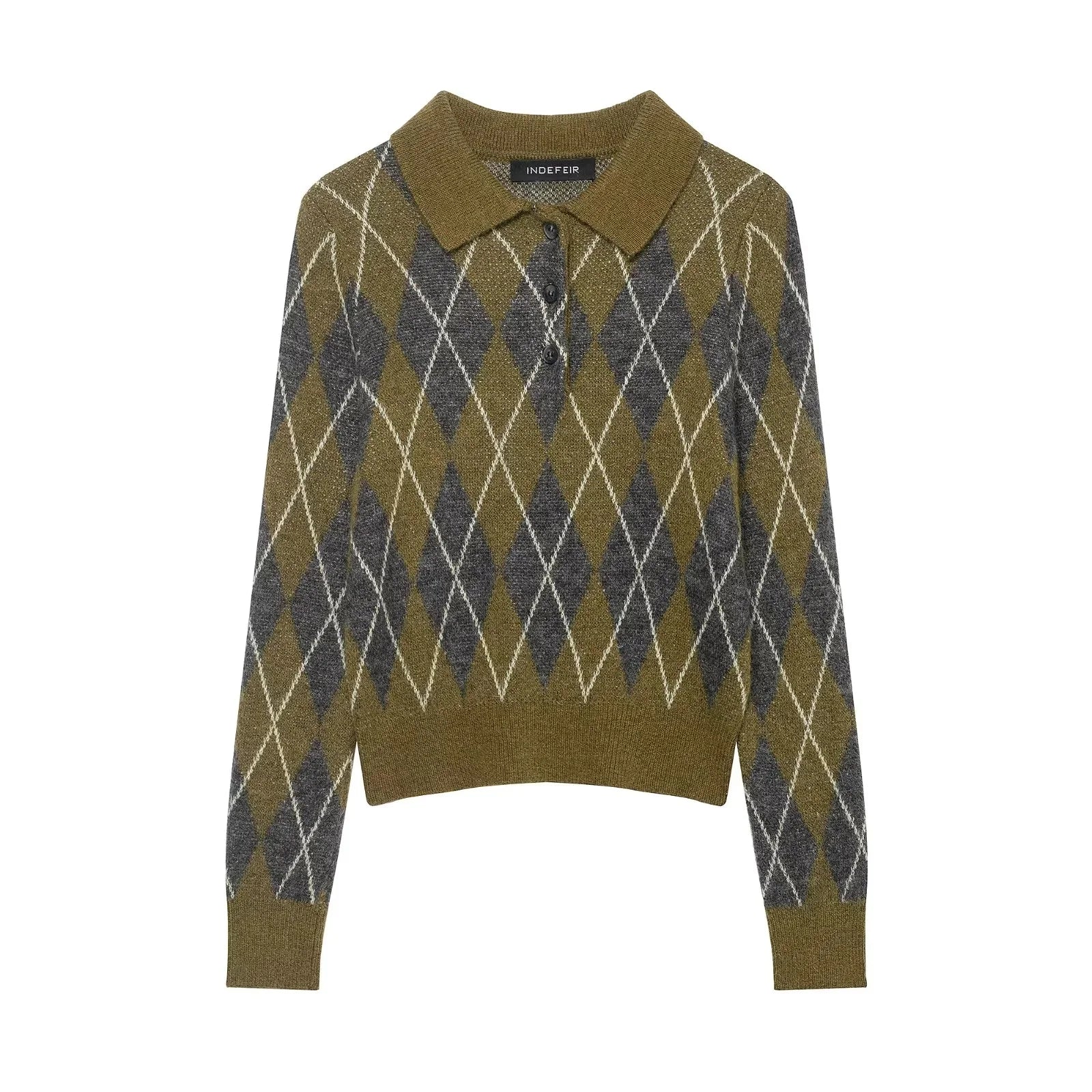 قمصان بولو نسائية محبوكة من KONDALA خريف وشتاء 2025، ملابس الشارع من Argyle، بلوفر عتيق أنيق، بياقة مطوية، قمصان بولو نسائية