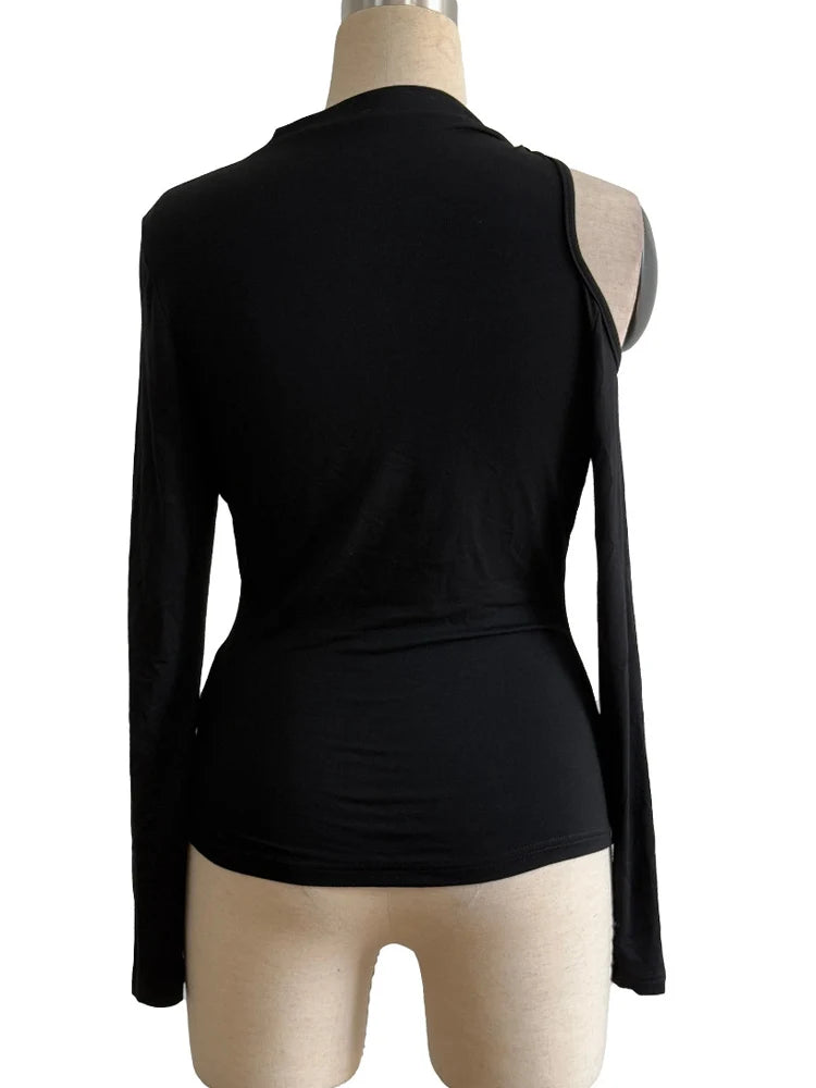 تي شيرت نسائي من كريسسين بكتف مكشوف وأكمام طويلة ومشبك معدني وقميص ضيق ومجوف منقوش منقوش بلوزة خريفية مناسبة للشارع تناسب نمط الحياة في سن 20 عامًا