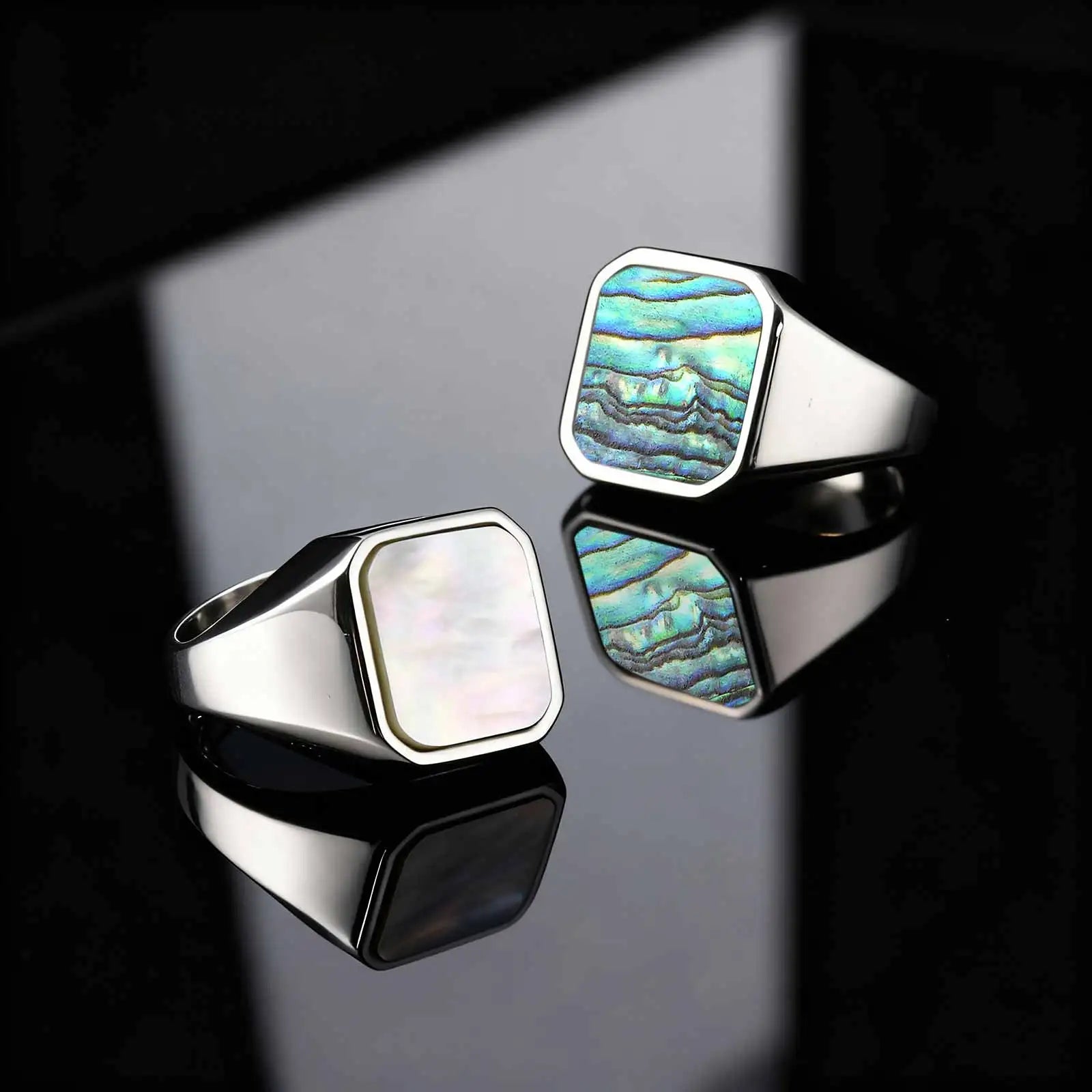 Trendy Punk Abalone Shell Stainless Steel Chunky Signet Ring for Men, Waterproof Hip Hop Party Finger Jewelry Size7 8 9 10 11 12