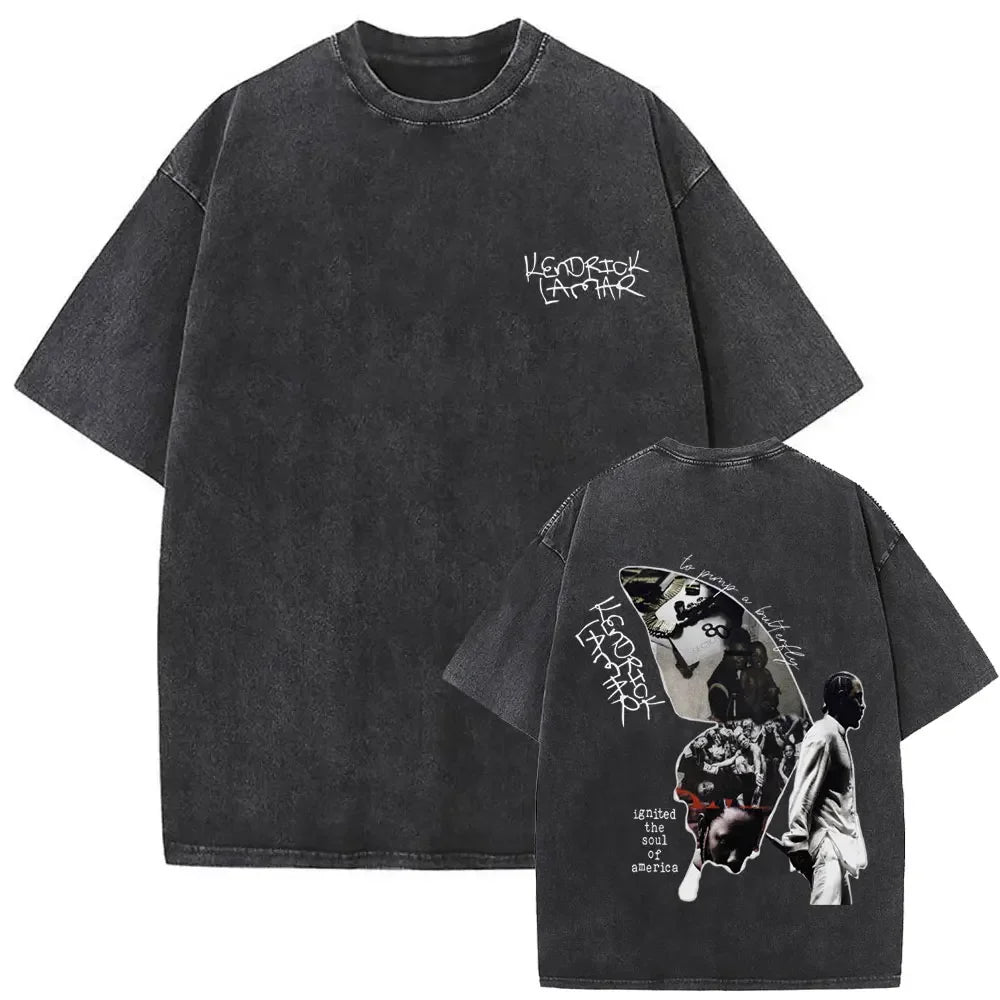 تي شيرت رجالي بتصميم ريترو مغسول من تصميم مغني الراب كندريك لامار، تي شيرت DAMN مطبوع عليه شعار الهيب هوب الحضري، مصنوع من القطن بنسبة 100% على الوجهين.