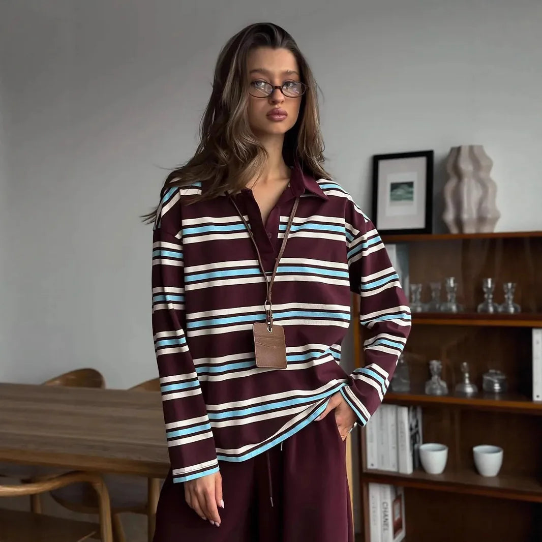 تيشيرت تورنوفا كاجوال بأكمام طويلة مخططة، بياقة بولو، فضفاض، بلوزة نسائية، تصميم عصري بطبعة كلاسيكية، تيشيرت نسائي جديد لفصل الخريف