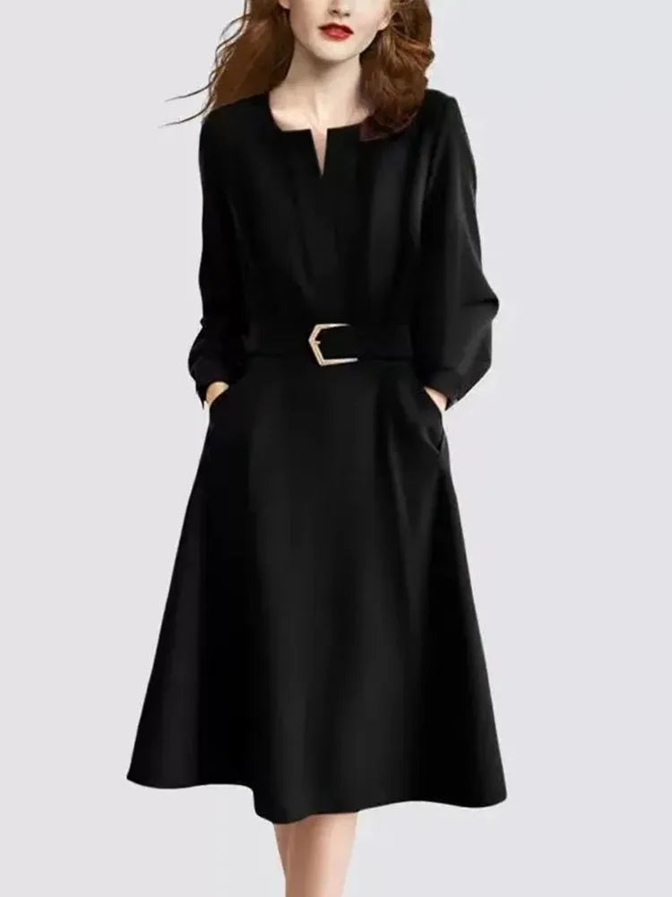 Ladies Fashion New V-neck Lace Up Vestidos Women Solid Color Maxi Dress Spring Autumn Female Elegant Belt Long Dresses  ﻿