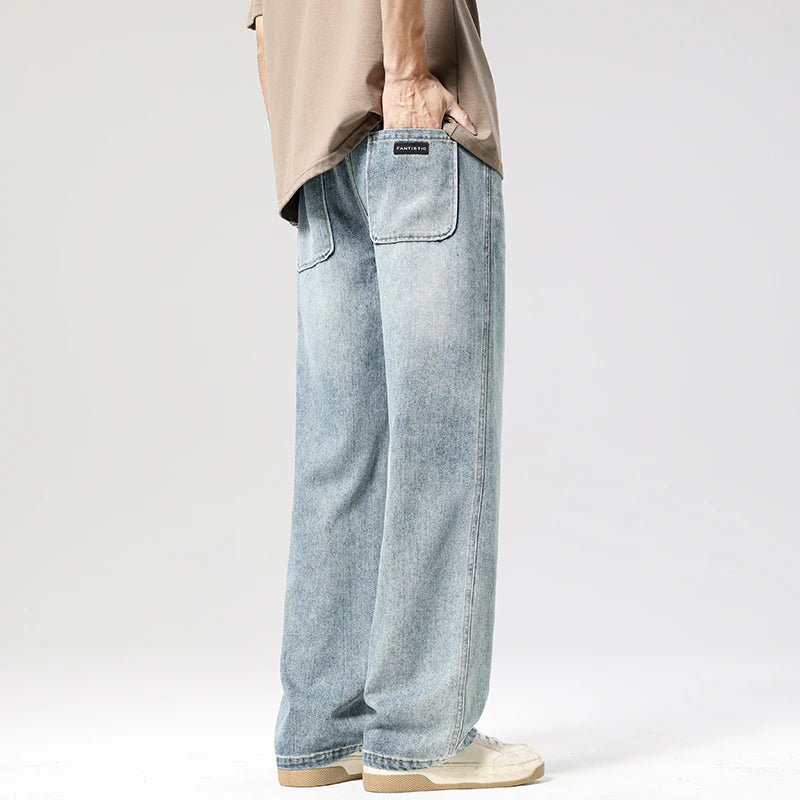 Autumn Casual Men's Straight Jeans Fashion Loose Vintage Elastic Waist Trousers Light Blue Personality Wide Pants Denim Male