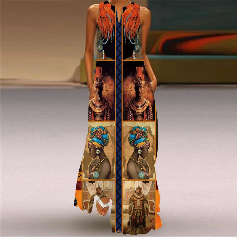 Sexy V-neck Women Maxi Dress Summer Fashion Sleeveless Sundress Retro Print Long Dresses With Pocket Vestidos Robe Maje