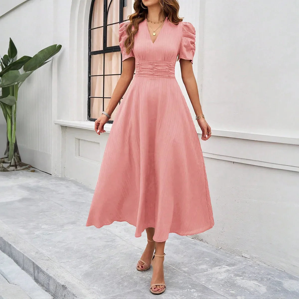 Solid Color Casual Slim Long Dresses For Women Fashion Summer Women's Puff Sleeve A Line Midi Dress Elegant Vintage Female Dress