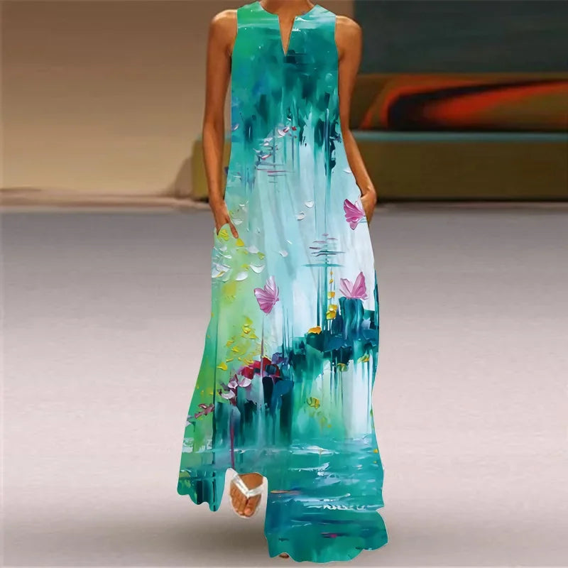 Elegant Sleeveless Women Dress Summer Vintage Print Loose Long Maxi Dresses Lady V Neck Pocket Sundress Femme Vestido Plus Size