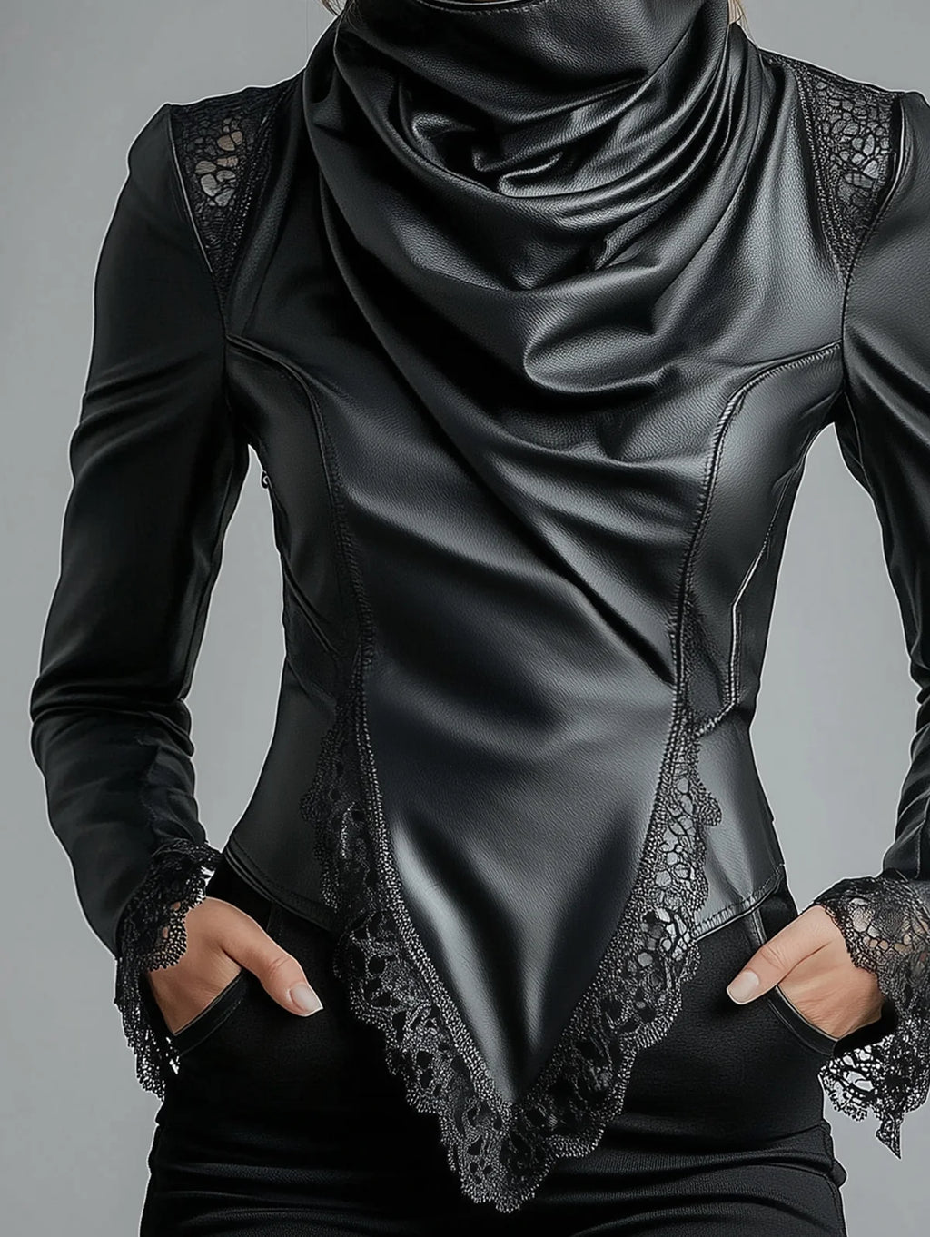 تي شيرت نسائي من الجلد الصناعي برقبة عالية وأكمام طويلة وحواف من الدانتيل وحاشية غير منتظمة وقميص سادة بتصميم ربيعي أنيق