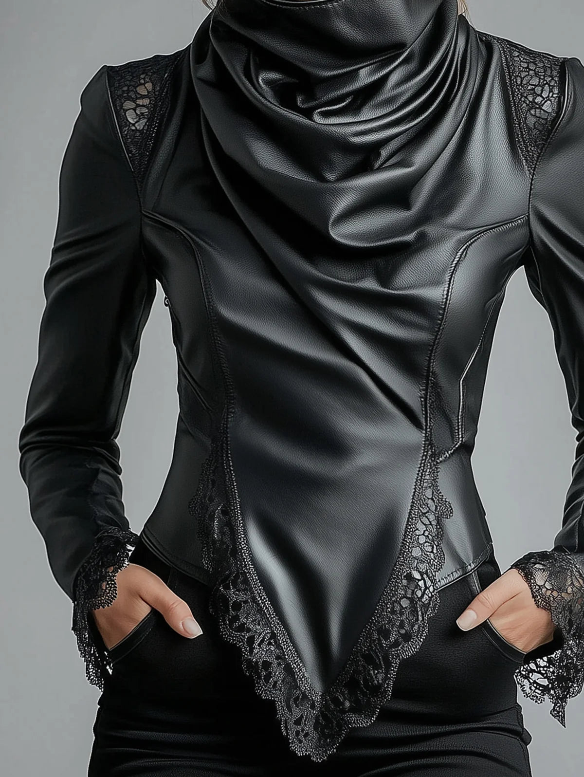 تي شيرت نسائي من الجلد الصناعي برقبة عالية وأكمام طويلة وحواف من الدانتيل وحاشية غير منتظمة وقميص سادة بتصميم ربيعي أنيق