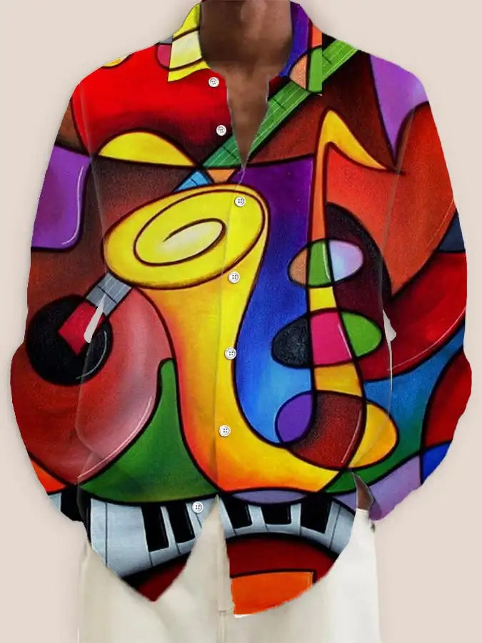 قميص رجالي جديد لعام 2024، مطبوع عليه رسومات فنية ثلاثية الأبعاد، بصف أزرار واحد وأكمام طويلة، قميص كاجوال بياقة فضفاضة وأكمام طويلة
