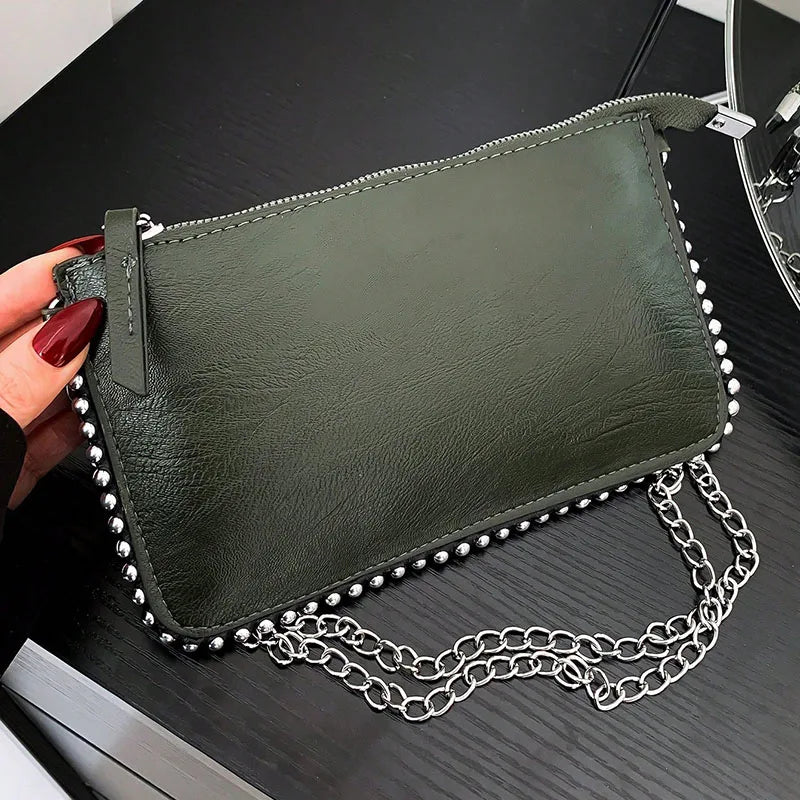 حقيبة كروس أنيقة ورائعة بتصميم سلسلة خرز كلاسيكية ريترو للنساء، حقيبة تنقل بلون سادة.