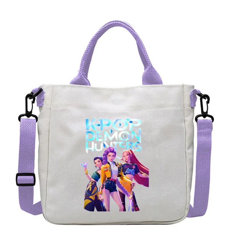 حقيبة قماشية للفتيات بتصميم صيادي أنمي شياطين من كيبوب، حقيبة يد مربعة أرجوانية بسيطة، حقيبة كتف متقاطعة، هدية عيد ميلاد