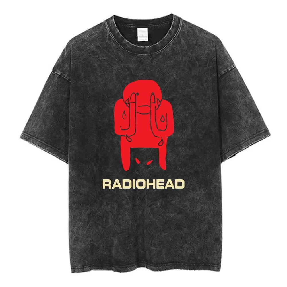 تي شيرت Radiohead Rock Band OK Computer Vintage Washed للرجال والنساء تي شيرتات هيب هوب عصرية 100% قطن تي شيرتات كاجوال ملابس الشارع