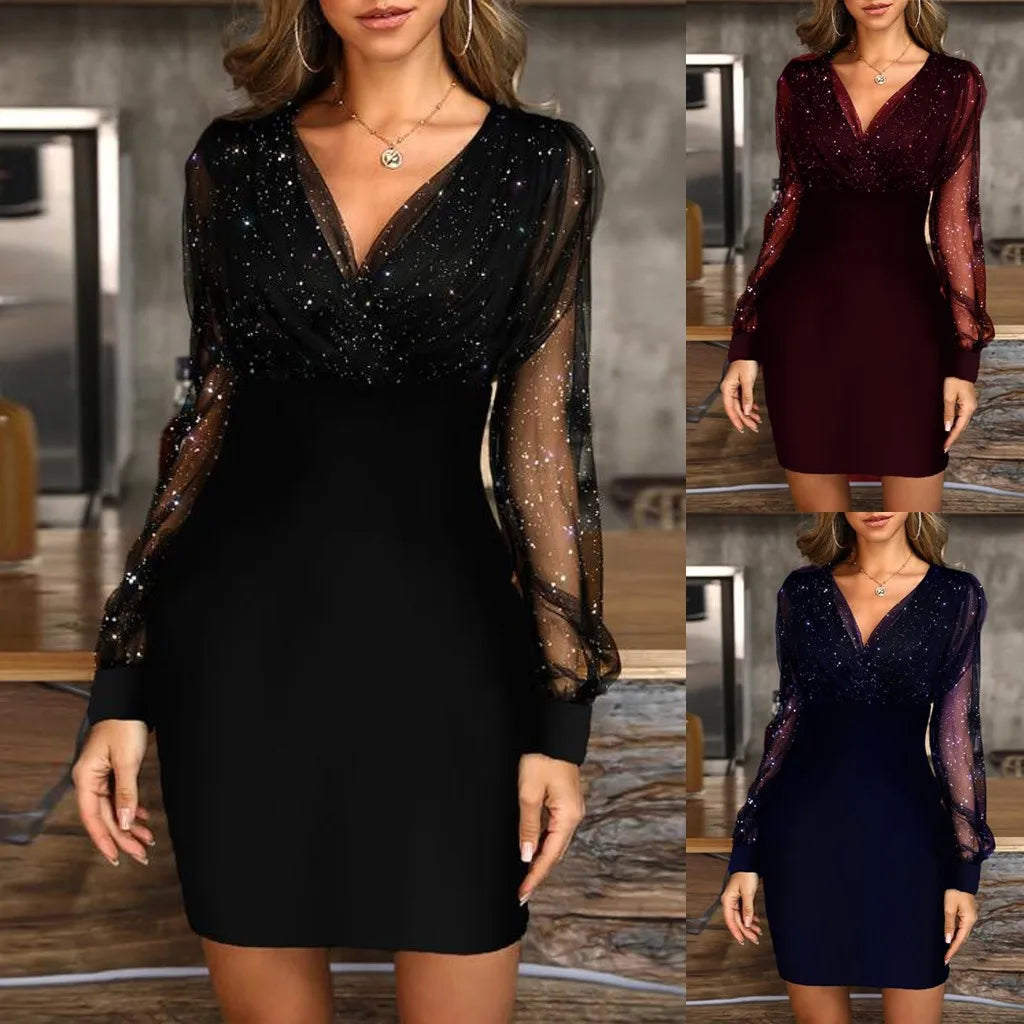 Ladies' Sexy Retro Elegant Mesh Long Sleeve Evening Short Dress Fashion Minimalism Slimming Sequins V-neck Party Mini Skirt