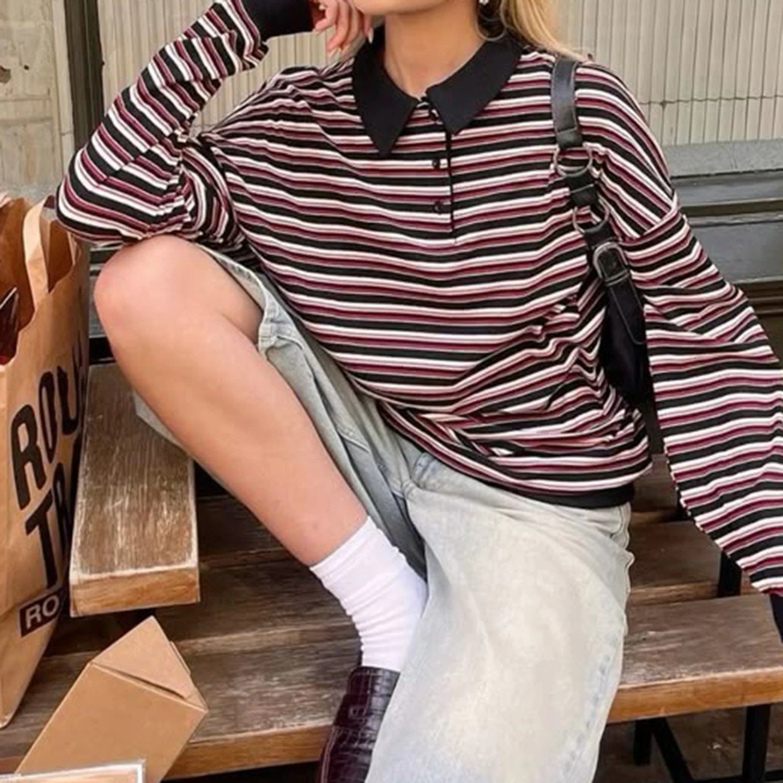 Combhasaki Women Y2K Vintage Striped T-Shirt Contrast Color Long Sleeve Lapel Neck Half Button-up Aesthetic Casual Pullover Tops