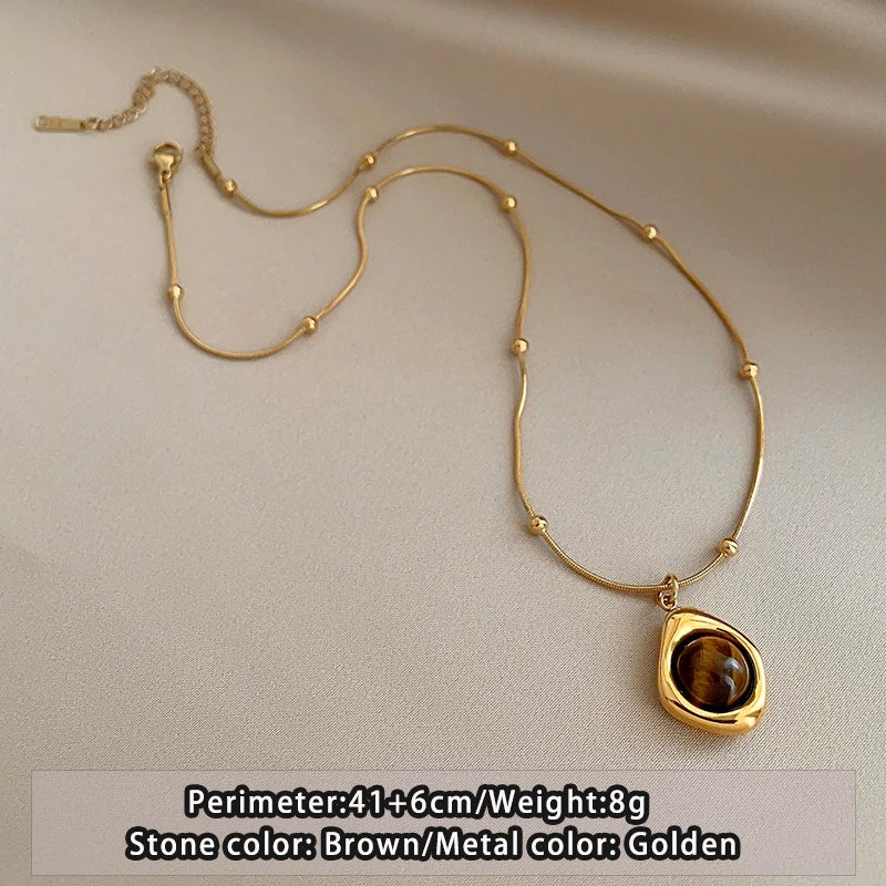 قلادة نسائية من حجر عين النمر متعدد الطبقات بتصميم كلاسيكي، مصنوعة من الفولاذ المقاوم للصدأ، سلسلة مزدوجة الطبقات على شكل عظمة الترقوة، مجموعة مجوهرات