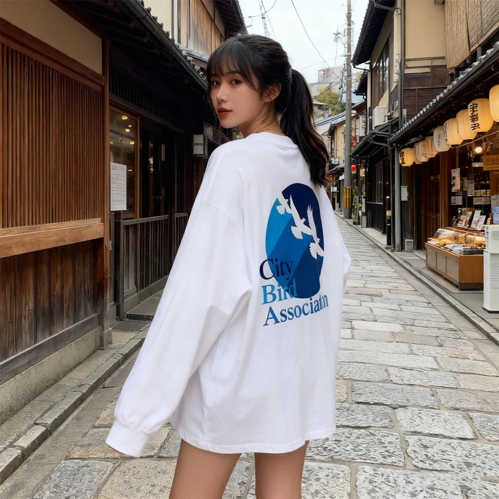 KUCLUT 300GSM 1:1 Japanese Style Streetwear Best Quality Printed Long Sleeves Tee Oversize Loose Tops Casual T Shirt Men Woman