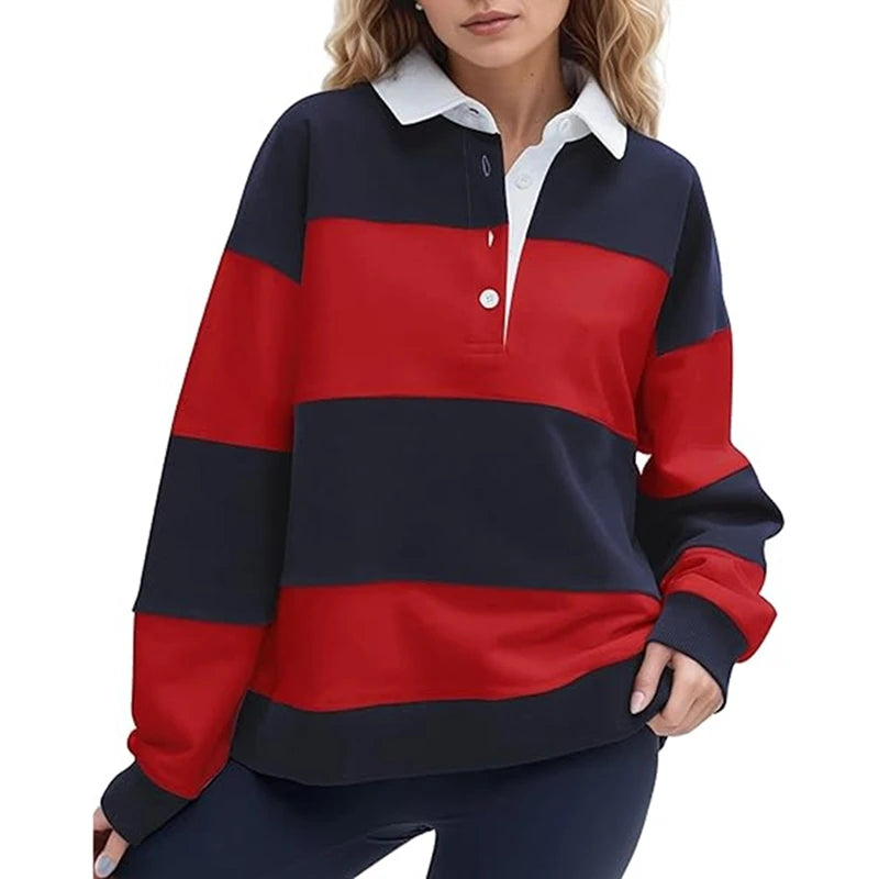 سويت شيرت نسائي واسع بأكمام طويلة وياقة وأزرار وخطوط بألوان متباينة وقمصان فضفاضة بتصميم Y2K وقمصان رغبي أنيقة