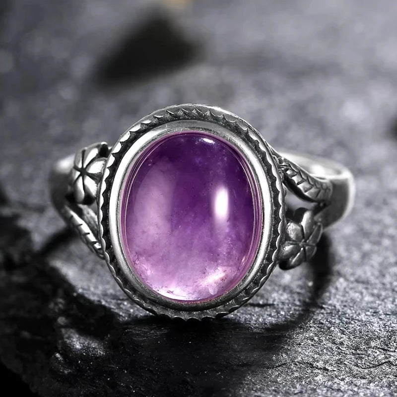 خواتم عتيقة من الفضة الإسترليني عيار 925 مرصعة بحجر الجمشت الطبيعي، بتصميم زهرة، مجوهرات فضية فاخرة بتصميم كلاسيكي، هدايا مثالية للحفلات للنساء والرجال