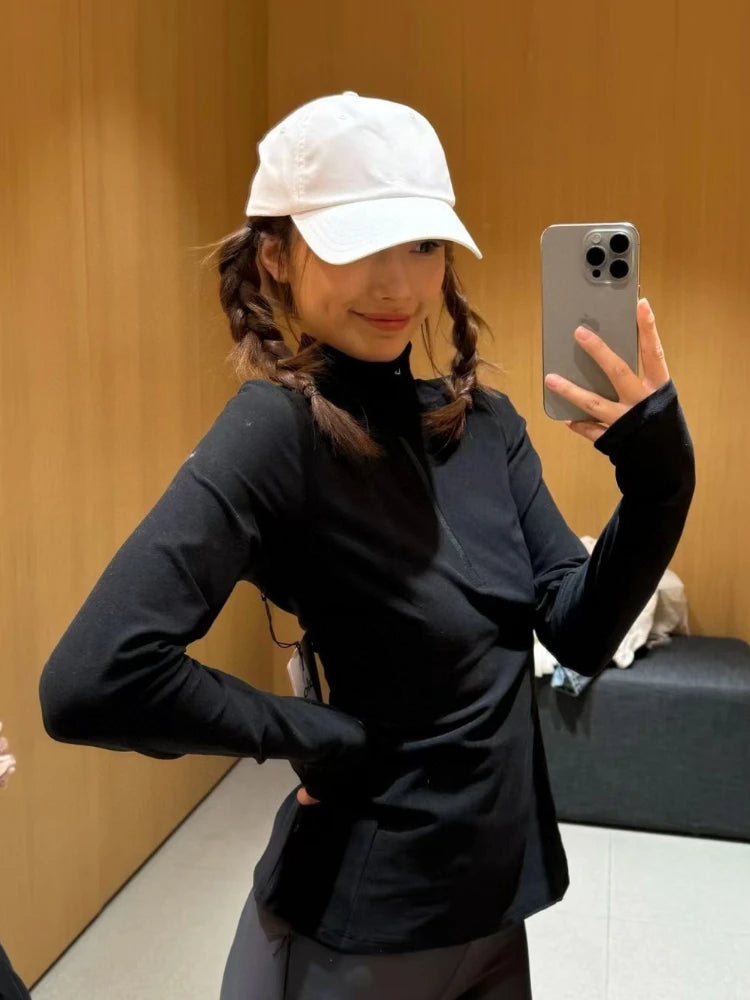 قميص بولو يوجا نسائي رياضي بنصف سحاب وأكمام طويلة، قميص خريفي أسود أنيق كوري ضيق ومريح، قمصان نسائية سادة