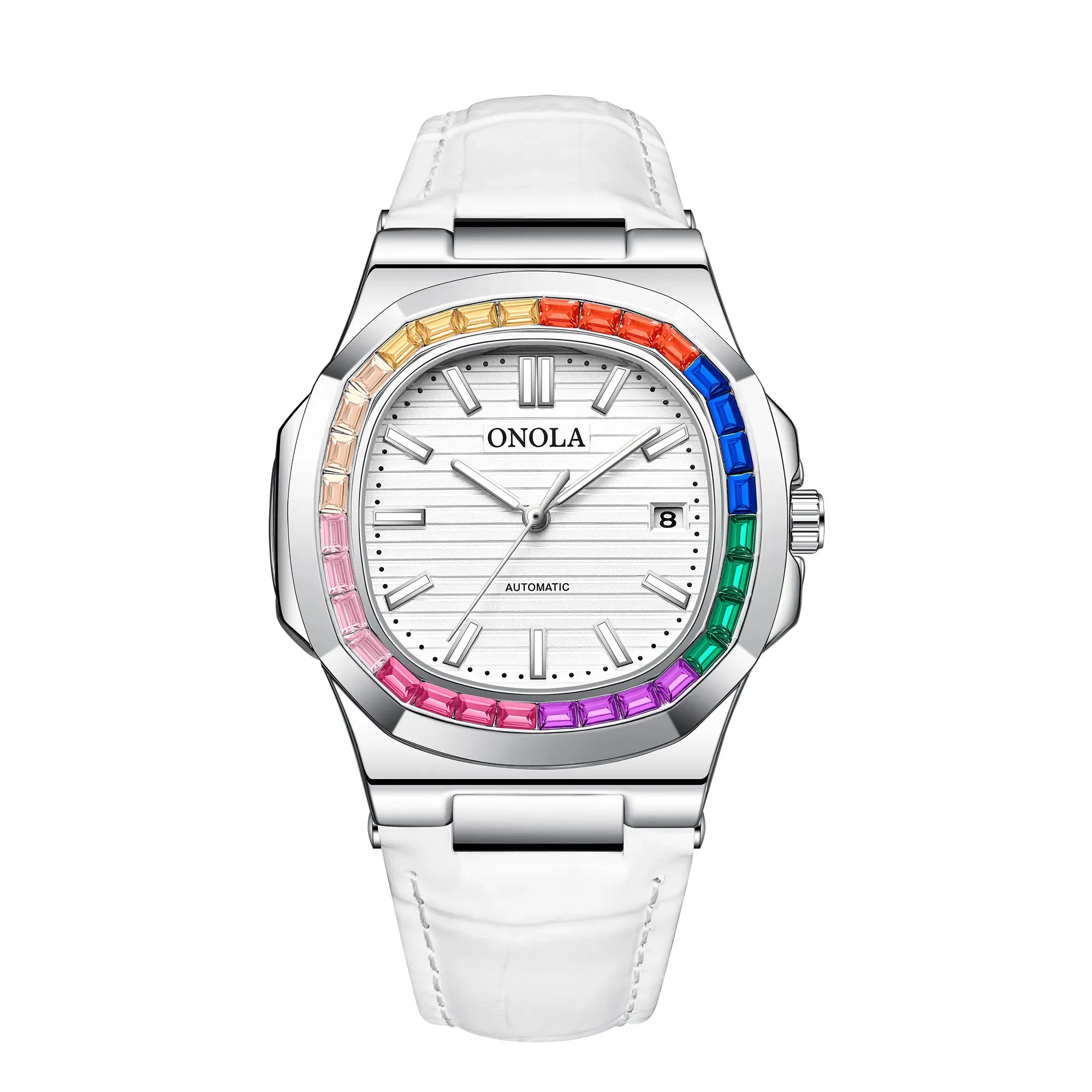 ساعة يد ONOLA للرجال والنساء ميكانيكية أوتوماتيكية بالكامل مرصعة بالألماس الملون، مصنوعة من الجلد المقاوم للماء