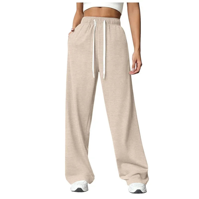Hot Sale Of The Season New Elastic Waist Pants with Side Pockets Fleece Lined Thick Wide Leg Sweatpants Pure Color Straight Cut