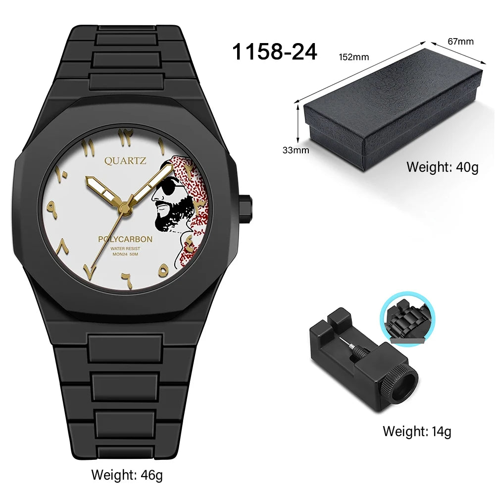 ساعة كوارتز كلاسيكية للرجال من البلاستيك المقاوم للماء بتصميم الشرق الأوسط بمينا أرقام عربية باللون الفضي والذهبي، يمكن تخصيصها