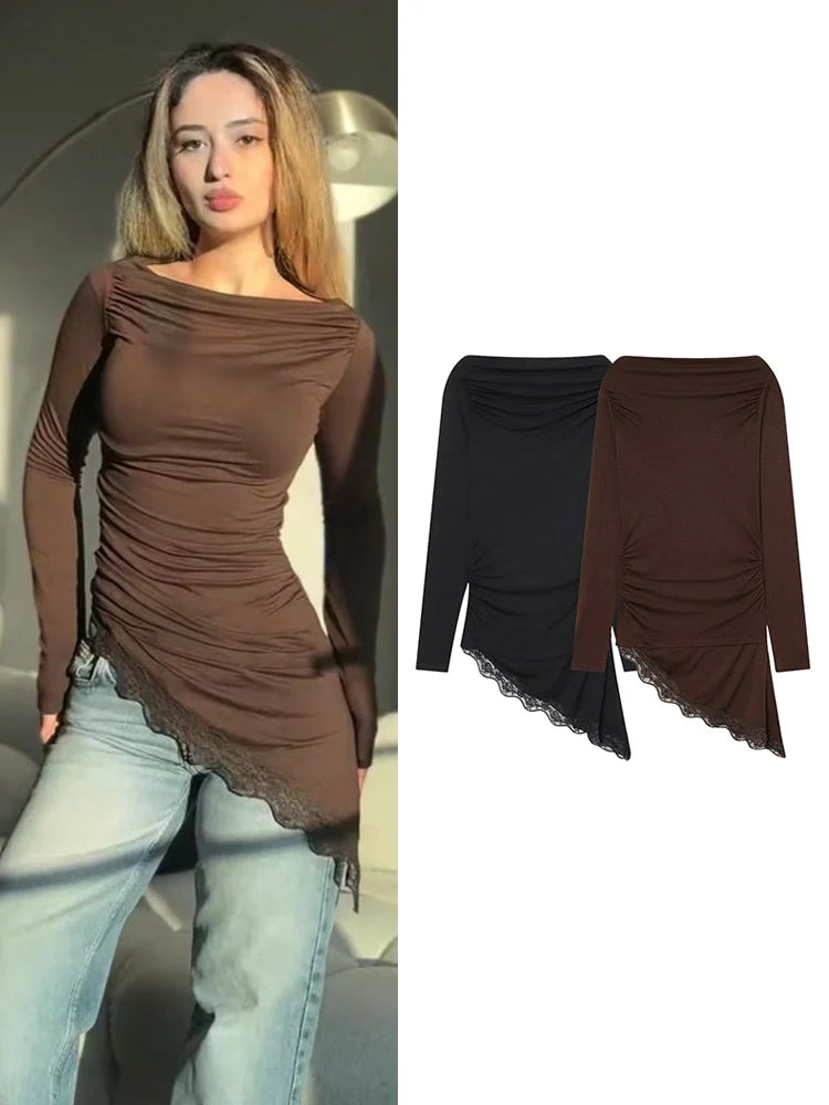 تي شيرت نسائي جديد من TFMLN 2026 ربيعي بأكمام طويلة وحاشية غير متماثلة ورقبة قارب وقمصان علوية كاجوال ضيقة للسيدات ملابس الشارع