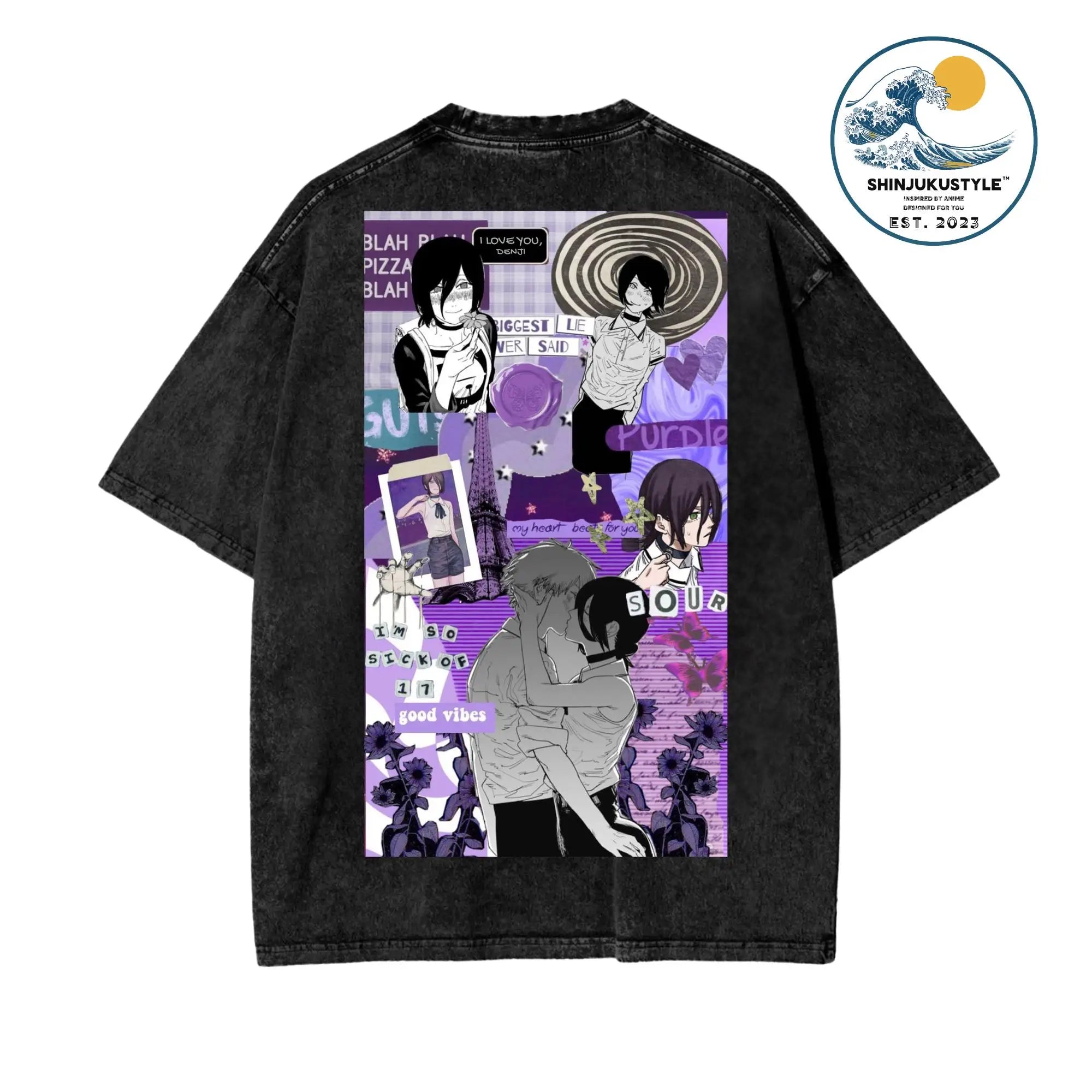 تي شيرت Chainsaw Man X Reze Devil T-Shirt بغسيل حمضي كبير الحجم من الرسوم المتحركة Mange للرجال والنساء ملابس الشارع الكلاسيكية بأكمام قصيرة للرجال والنساء