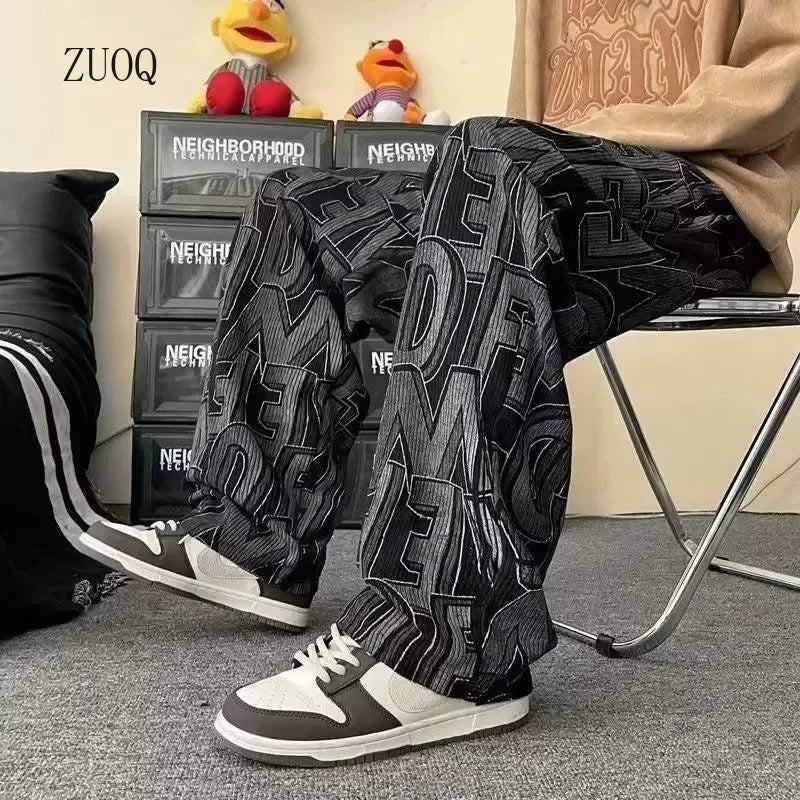 American Casual Pants Men Loose High Street Corduroy Letter Printed Wide Leg Solid Color Spring and Autumn Sports Pants Male