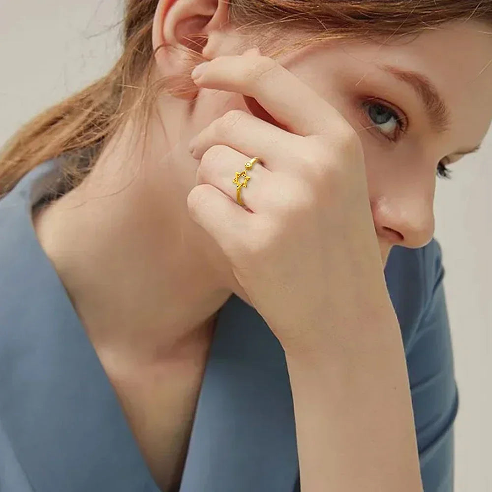 خاتم YILOUCD سداسي مجوف مرصع بالزركون، خاتم يهودي نسائي، نجمة داود، قابل للتعديل، هدية مجوهرات وعد