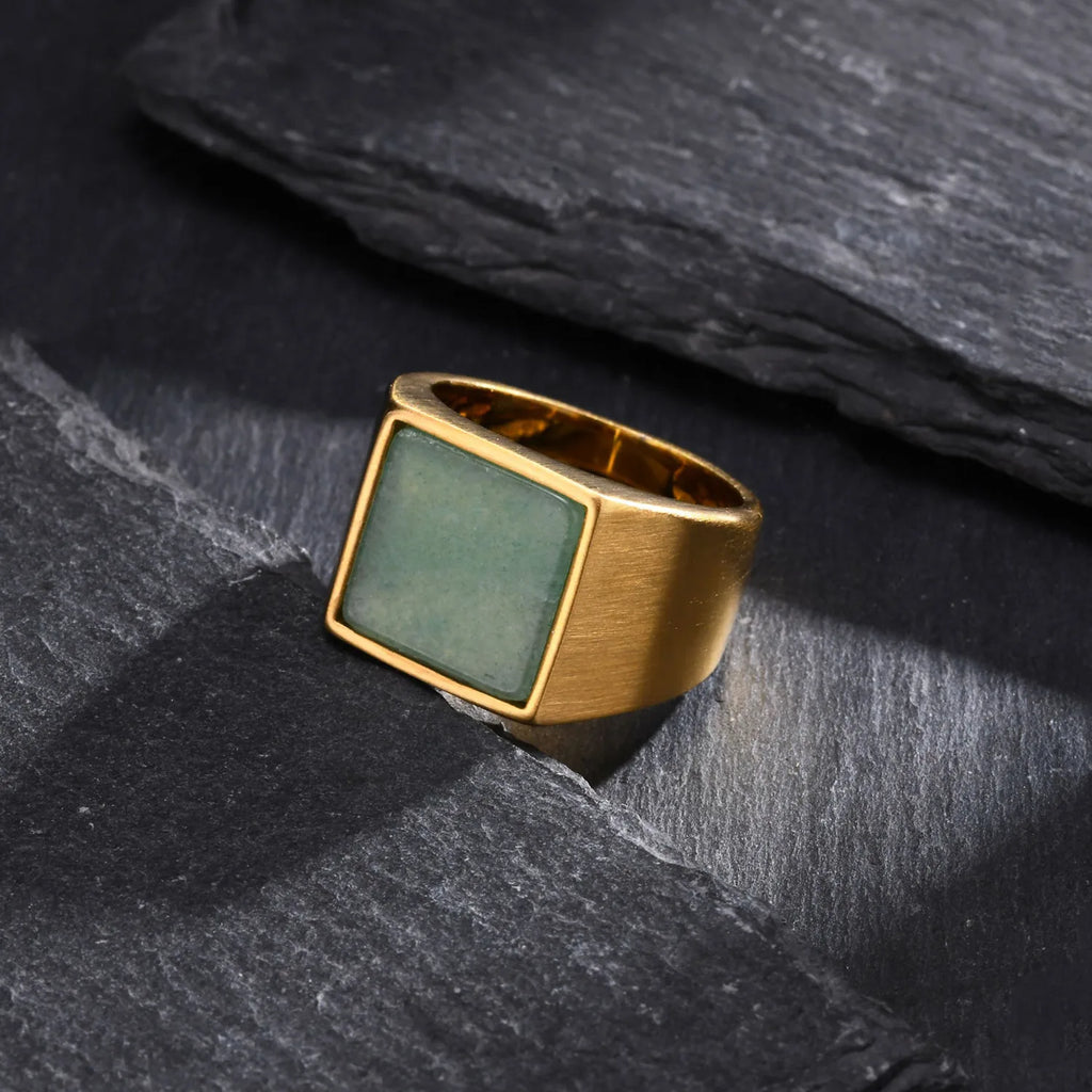 Natural Green Stone Ring for Men Boys,Gold Color Stainless Steel Stamp Ring Thumb Ring Square Ring,Punk Stylish Jewelry Gift