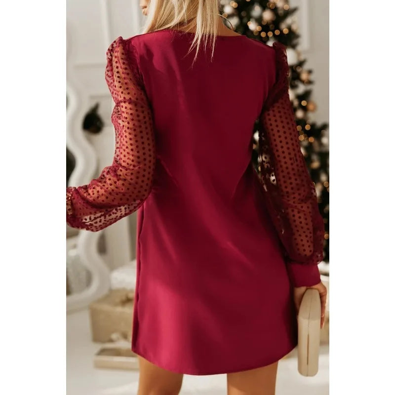 New Women's  Fashionable Solid Color Long Sleeved Party Dress Ladies Casual Mesh Sleeve Round Neck Comfortable Dress