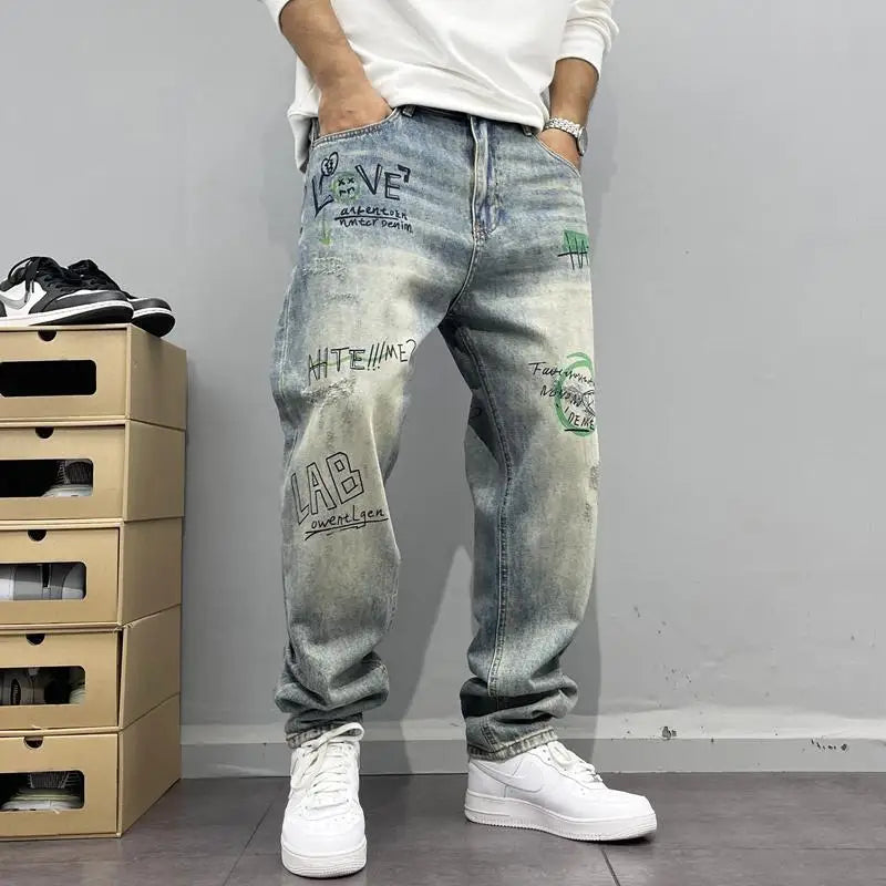 American Retro Street Style Personalized Printed Straight Leg Jeans for Men Loose Fitting Washed High Street Hip-hop Pants