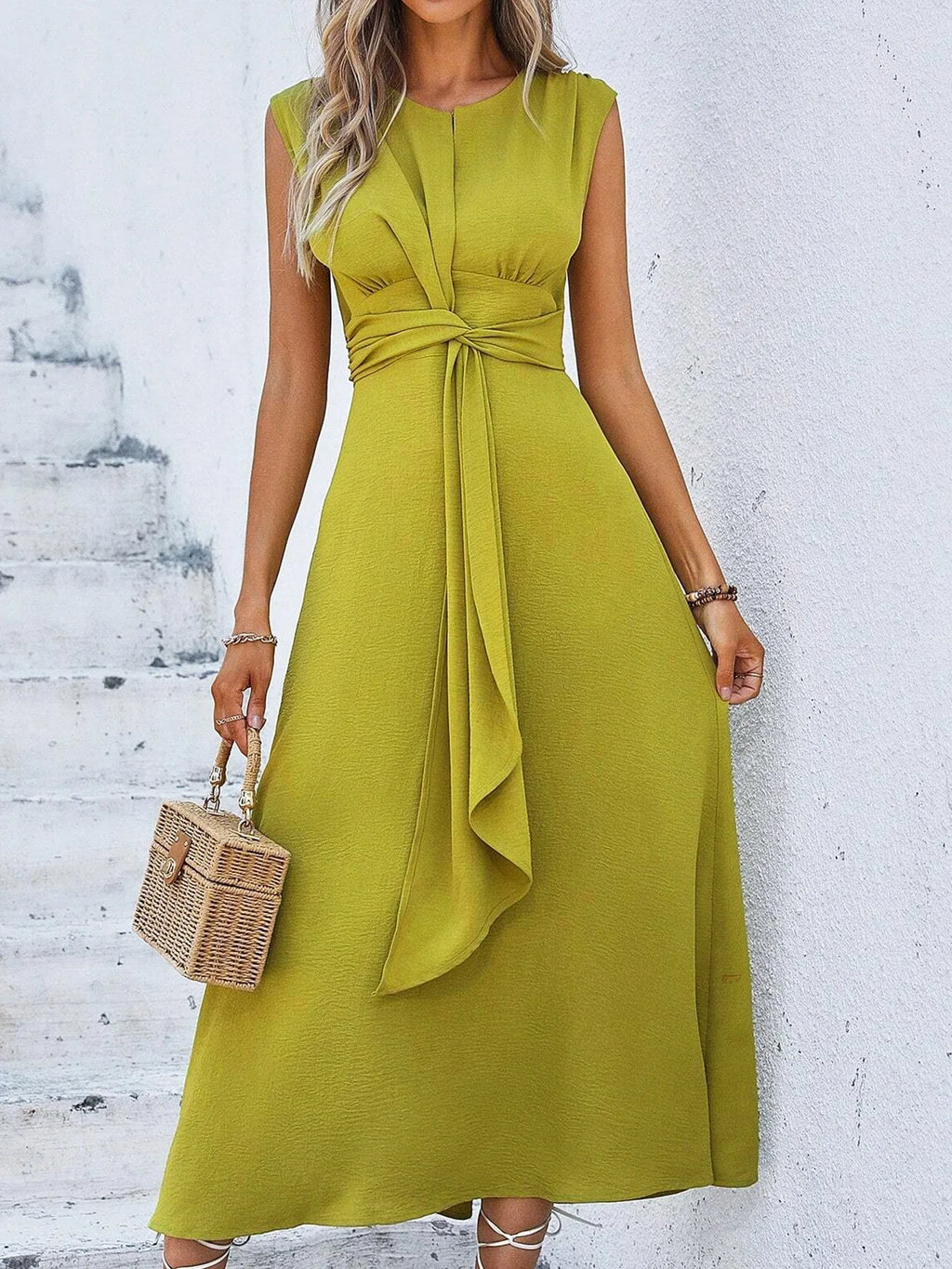 Women's Solid Color A-Line Dress Sleeveless Front Thin Straps Elegant Belted Midi Dress for Summer