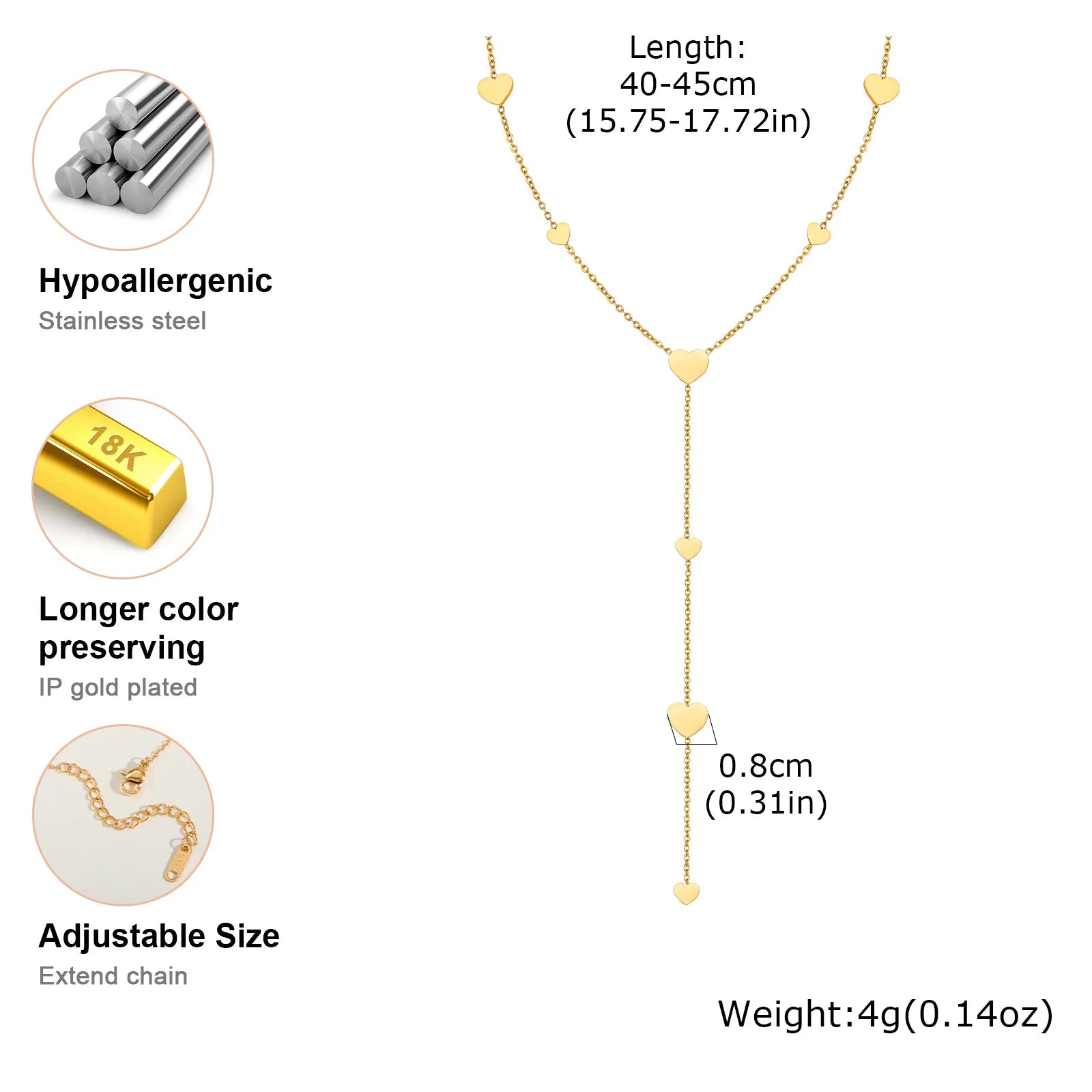 Heart Drop Lariat Chain Necklace For Women, Y Shape Long Chain Stainlss Steel 18K Gold Color  Layered Jewelry