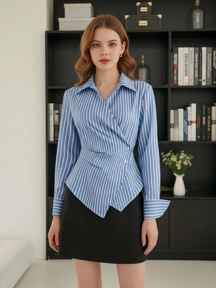 تيشيرت نسائي مخطط بأكمام طويلة من بونبوهو، تصميم جديد لخريف 2025، بياقة على شكل حرف V متقاطعة وقصة ضيقة، بلوزة أنيقة مناسبة للعمل اليومي للسيدات