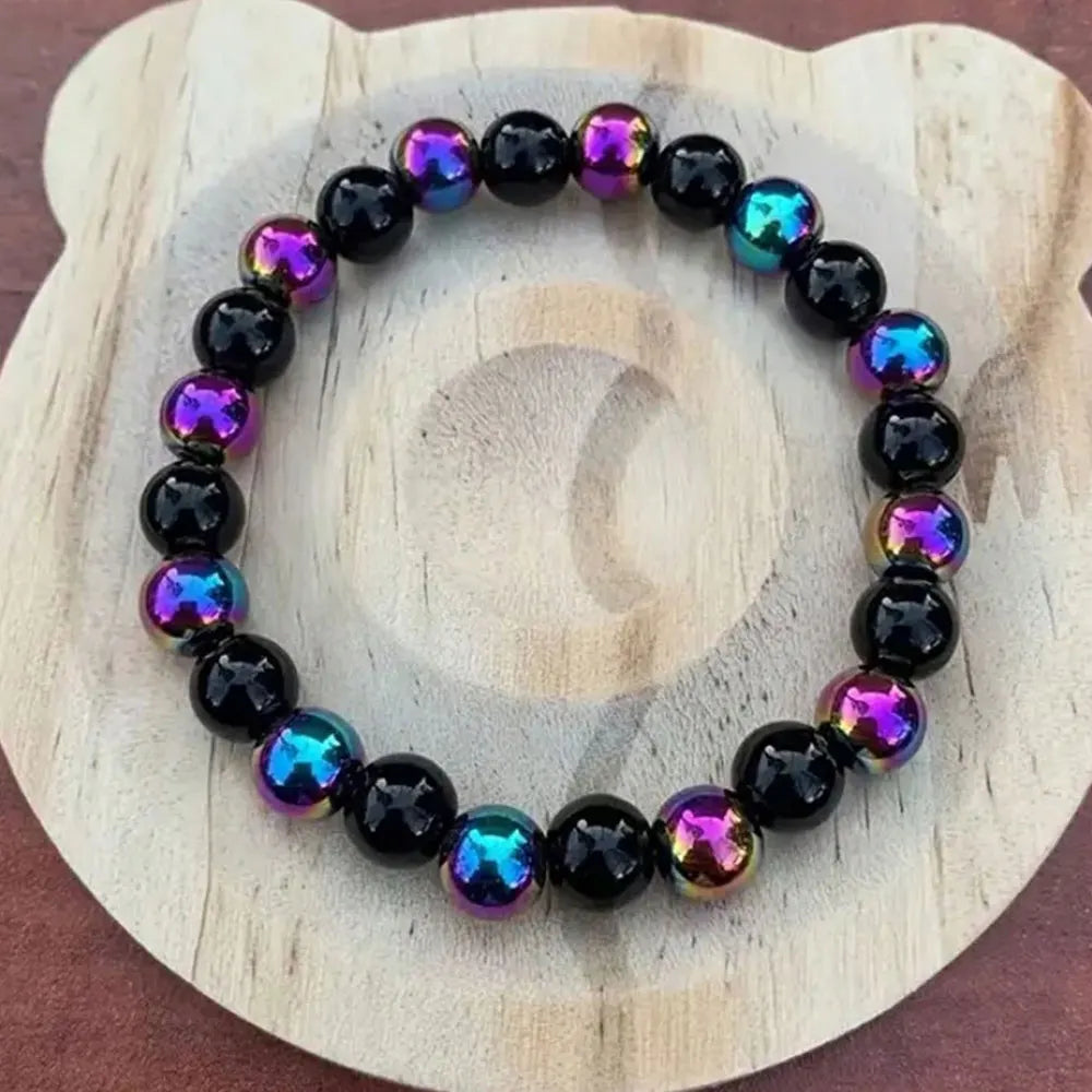 سوار من حجر العقيق البركاني قوس قزح مقاس 8 مم على الطراز البوهيمي - مجوهرات مصنوعة يدويًا للجنسين، مناسبة للارتداء اليومي والحفلات والهدايا