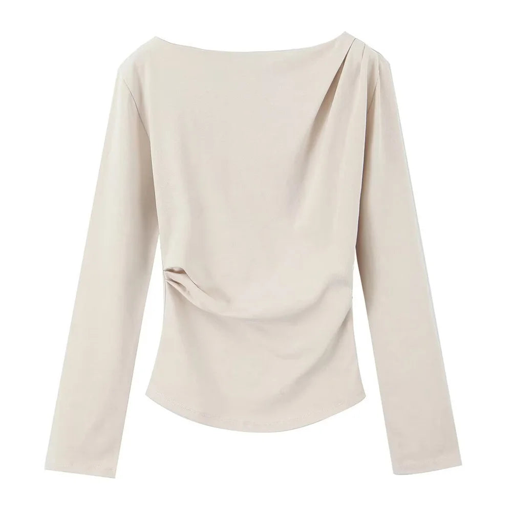 تي شيرت نسائي ثلاثي الألوان مطوي من الجانب مزخرف برقبة دائرية وأكمام طويلة ملابس نسائية جديدة غير رسمية للربيع والصيف