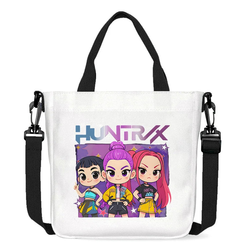 حقيبة قماشية للفتيات بتصميم صيادي أنمي شياطين من كيبوب، حقيبة يد مربعة أرجوانية بسيطة، حقيبة كتف متقاطعة، هدية عيد ميلاد