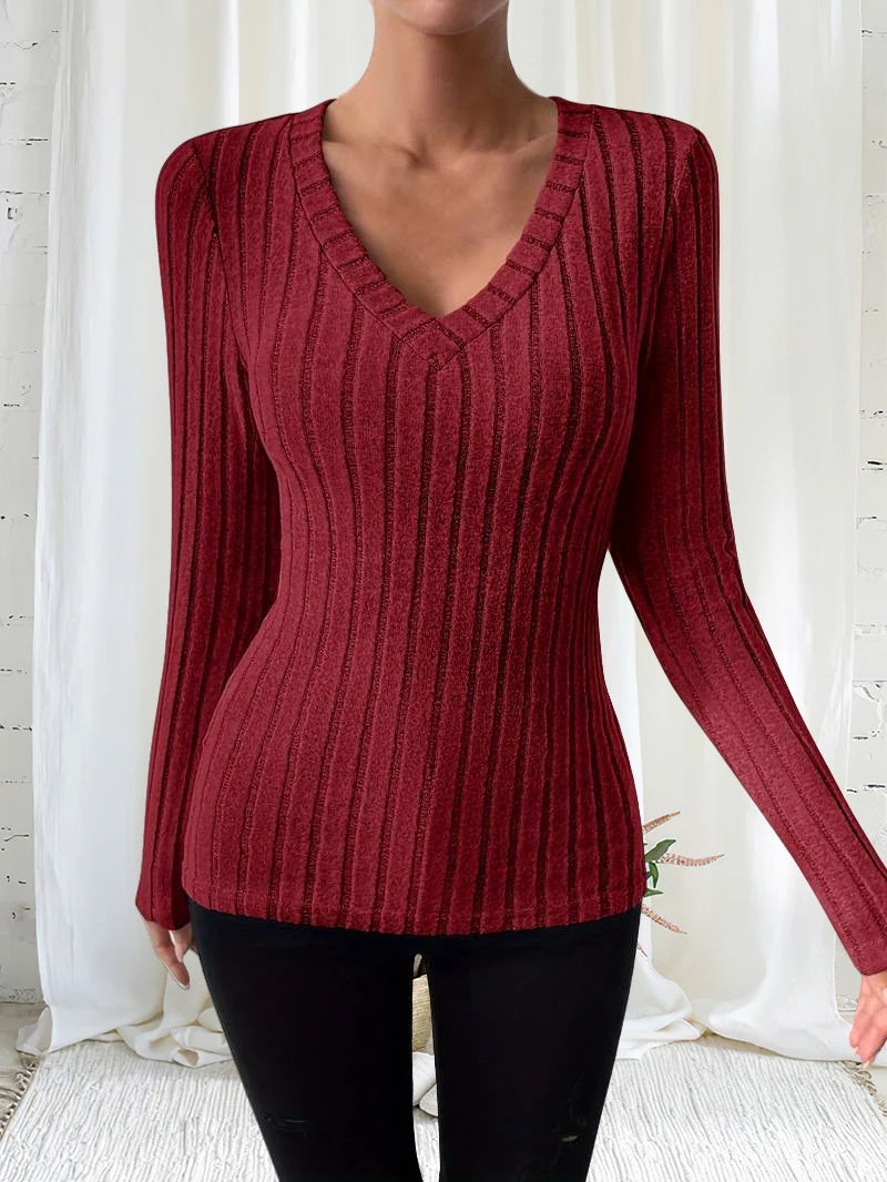 مجموعة تي شيرت نسائية أنيقة برقبة على شكل حرف V وأكمام طويلة ودافئة من 3 قطع