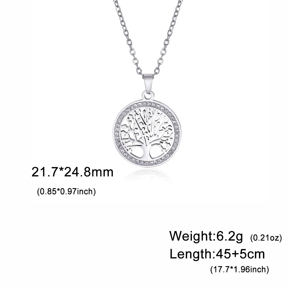 Skyrim Tree of Life Necklace for Women Stainless Steel Gold Color Clear Zircon Round Pendant Neck Chains Luxury Wedding Gift