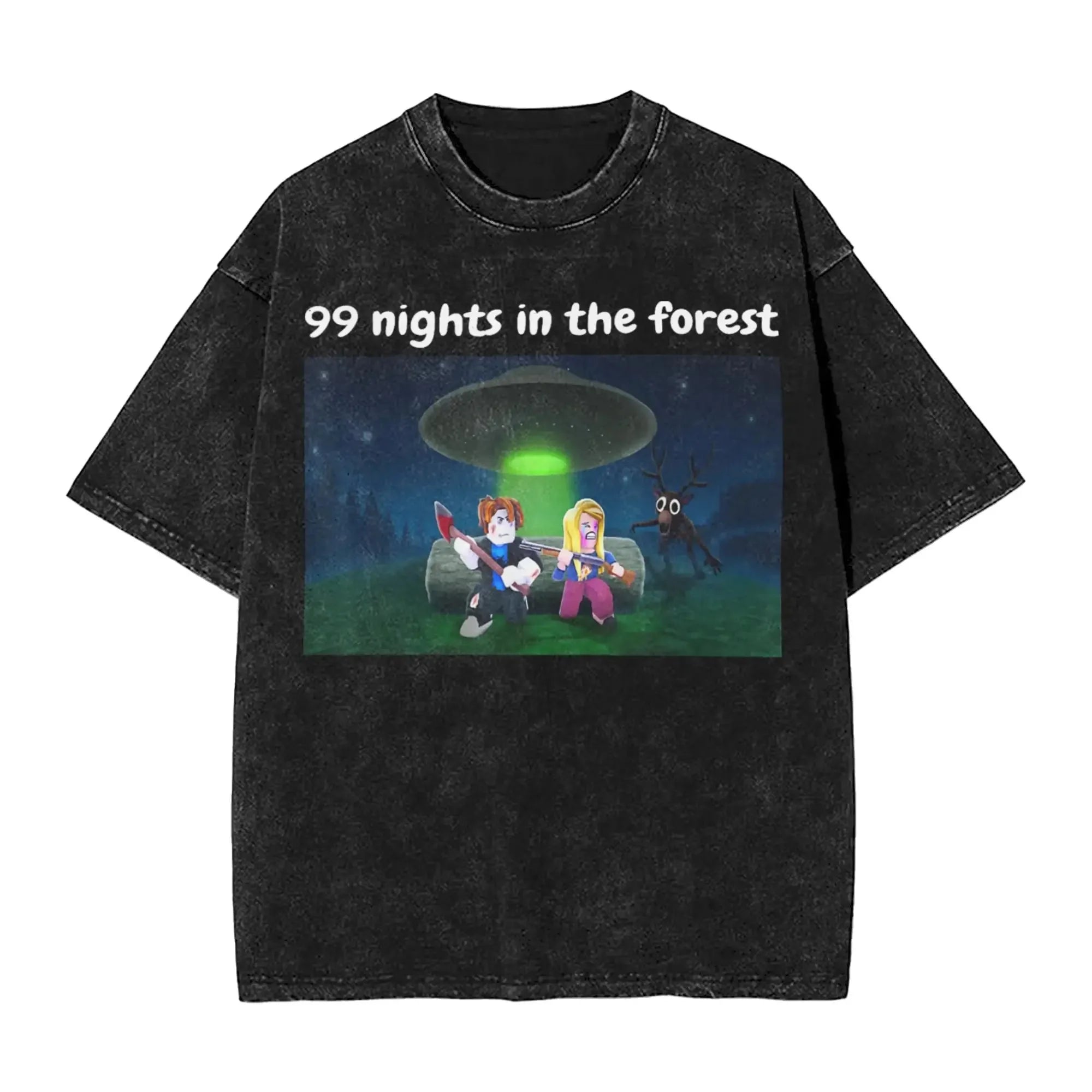 New Game 99 Nights Halloween in The Forest Funny Washed Vintage T-Shirt Men Women Cotton O Neck Tees Street Loose Oversized Top