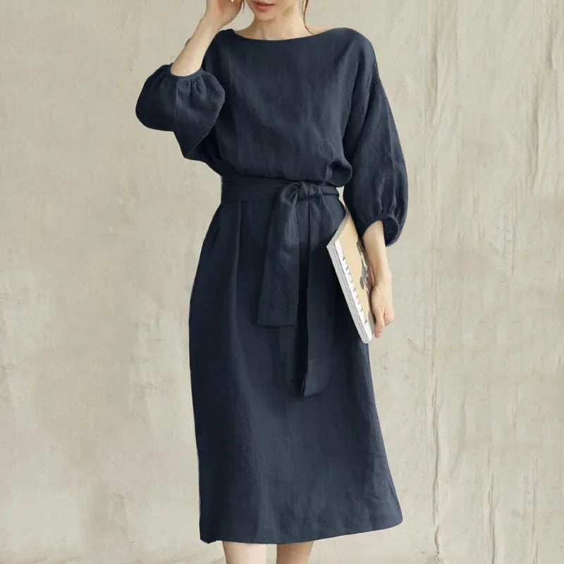 Women'S Vintage Long Sleeve High Waisted Tied Solid Color Round Neck Dress Elegant Long Sleeve Midi Dresses for Women with Belt