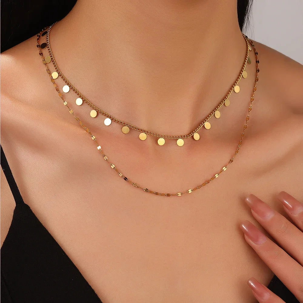 قلادة نسائية بسيطة على شكل سلسلة شفة من الفولاذ المقاوم للصدأ 316L بطبقتين على شكل عملة معدنية دائرية أنيقة وبسيطة كهدية مجوهرات نسائية