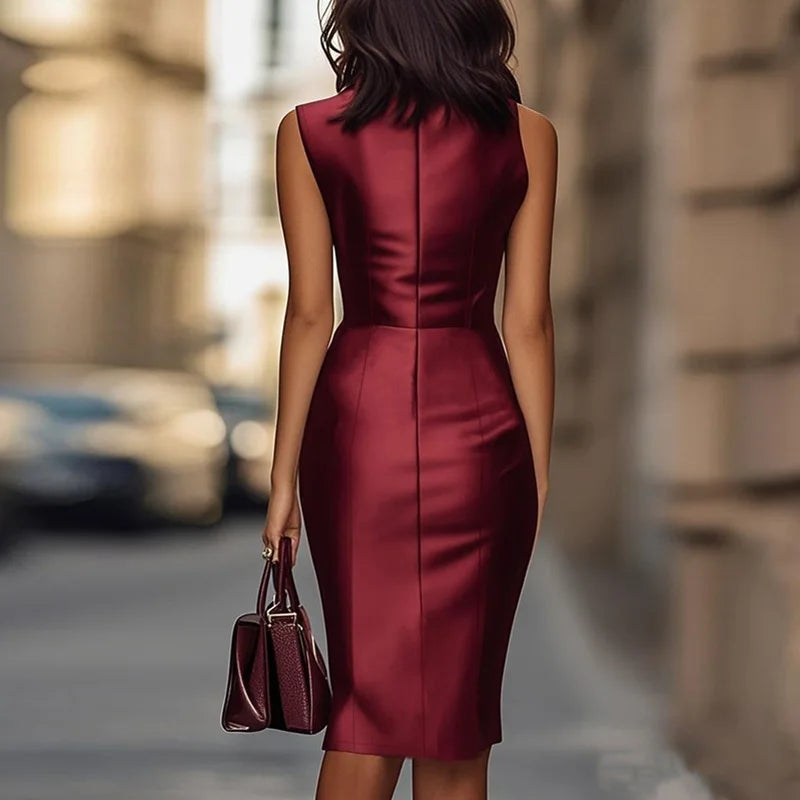 Women Elegant Temperament Slim Party Dress Casual Sleeveless Draped Summer Dresses Office Fashion O-neck Solid Color Midi Dress