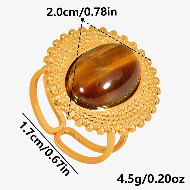 خاتم من حجر عين النمر الحقيقي على شكل قلب الشمس من الفولاذ المقاوم للصدأ، خواتم مفتوحة للنساء والرجال، إكسسوارات مجوهرات عتيقة مطلية بالذهب الحقيقي