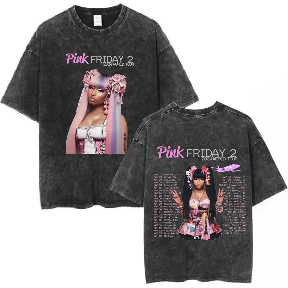 تي شيرت نيكي ميناج بينك فرايداي 2 وورلد تور القديم المغسول للرجال والنساء من القطن غير الرسمي فضفاض وكبير الحجم هدية للمعجبين ملابس الشارع